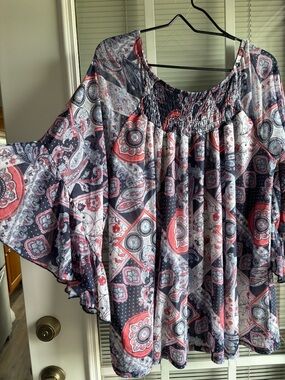 Boho Paisley Women's Top - Coral & Navy bell-sleeve 18/20W Cato Woman
